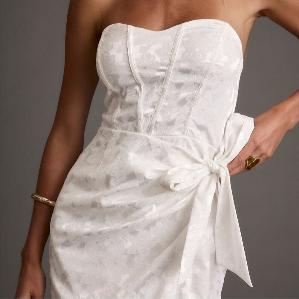 Strapless White Jacquard Midi Dress with Side Bow - Picture 3 of 7